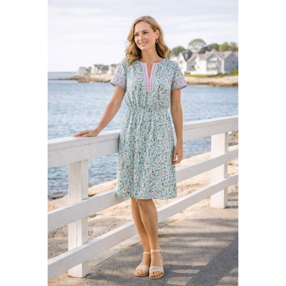 NWT Talbots Floral Cotton Dress 2P Green Pink Split Neck Elastic Waist